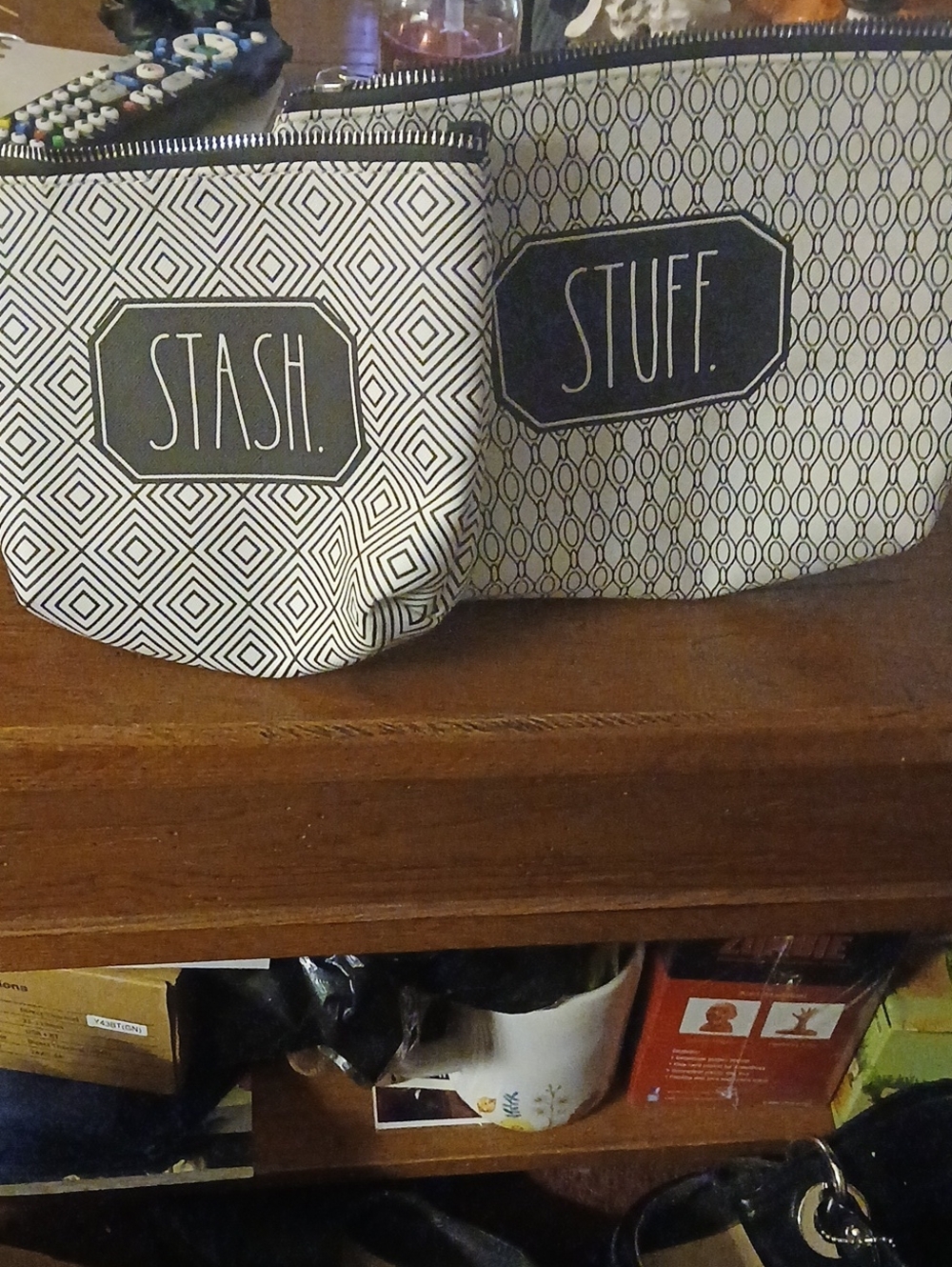 RAE DUNN STASH & STUFF. Black and White Patterned Storage Pouches